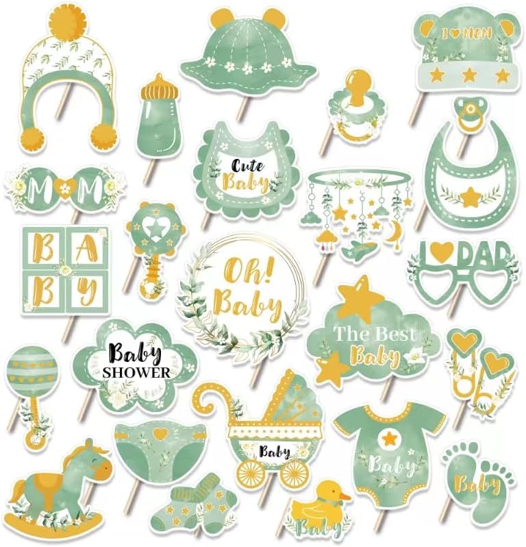 Sage Green Baby Shower Party Photo Booth Props 25PCS Greenery Baby Shower Props for Newborn Party Decoration Boho Photo Booth Props Kit Party Favors Pose Sign Kit Fun for Party