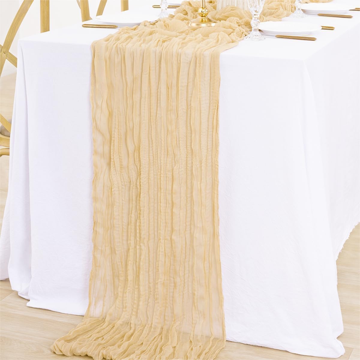 12Pcs Shallow Khaki Cheesecloth Table Runner 120 Inch10FT Champagne Rustic Boho Cheesecloth Table Runnerfor Wedding Party Baby Shower Birthday Home Decor Holiday Decorations