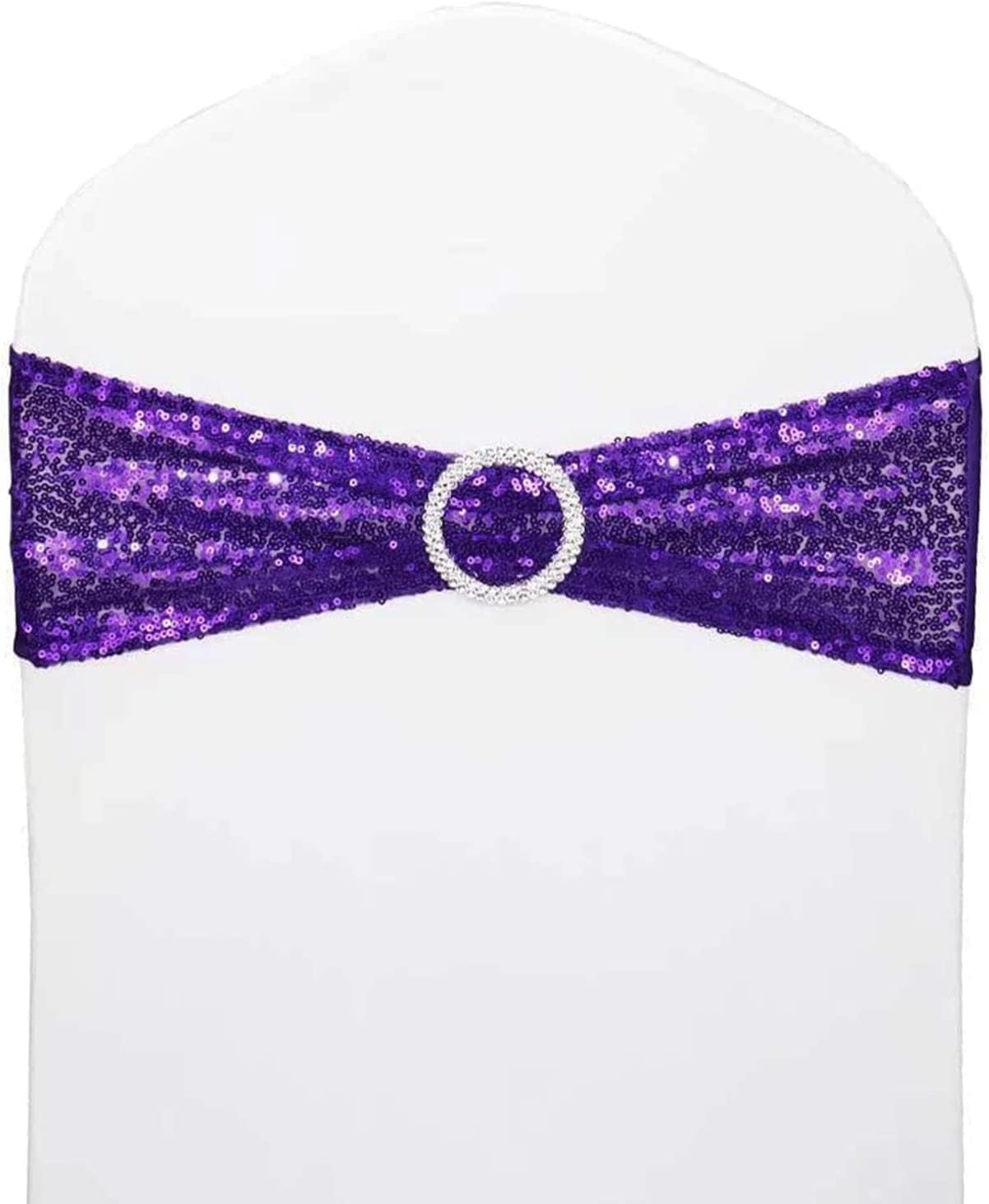 Chair Sashes Sequin Stretch Chair Bands Spandex Polyester Bows for Party Hotel Wedding Banquets Decoration - 6 Pcs Purple
