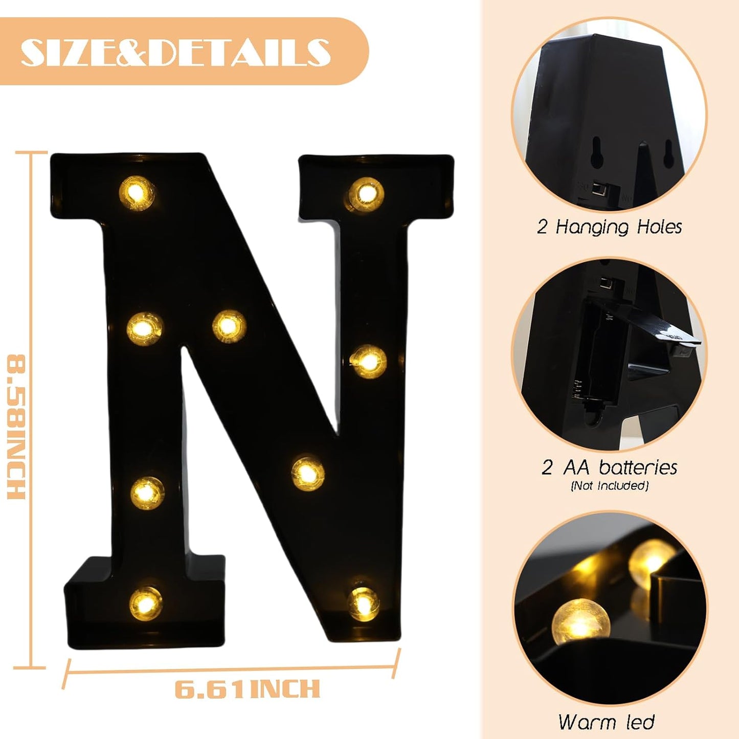 Led Marquee Letters, 8.58 Inch Black Light Up Letters, Small Led Letter Lights, Battery Powered Lighted Letterfor Table, Party, Birthday, Christmas Decor (Black, Letter N)