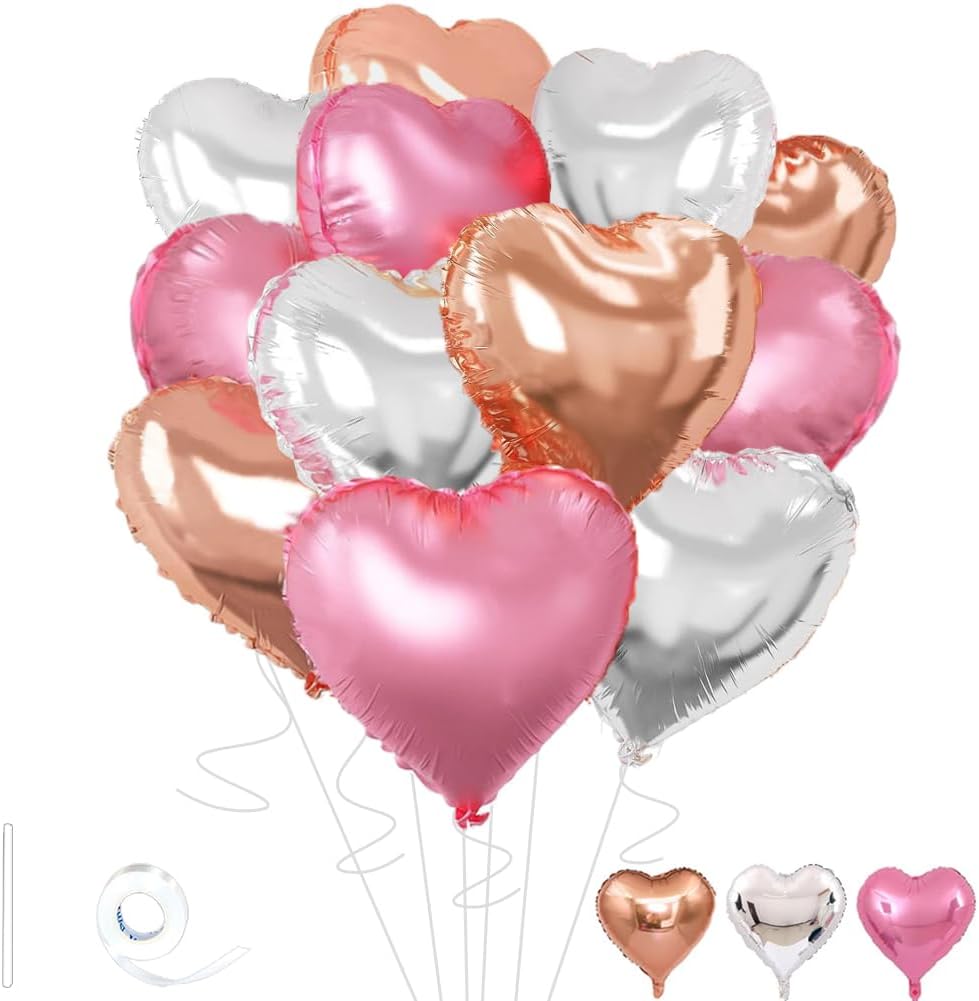 Rose Gold & Silver Heart Balloons，18 Inch Light Pink Foil Love Heart Shaped Balloons for Birthday Party Bridal Engagement Wedding Anniversary Baby Shower Valentines Decorations 12Pcs