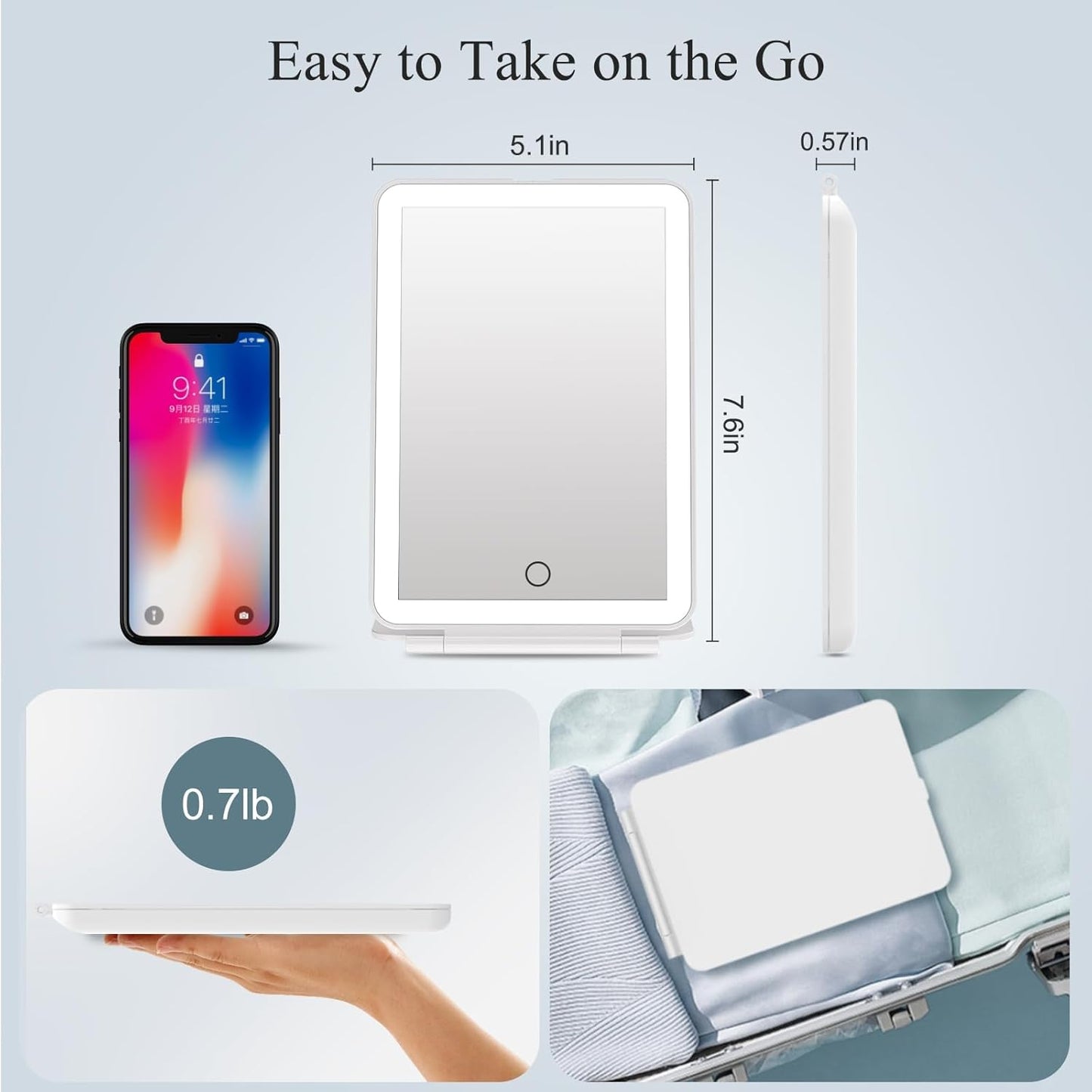 FUNTOUCH Rechargeable Travel Makeup Mirror with 72 Led Lights, Portable Lighted Beauty Mirror, 3 Color Lighting, Dimmable Touch Screen, Tabletop LED Folding Cosmetic Vanity Mirror