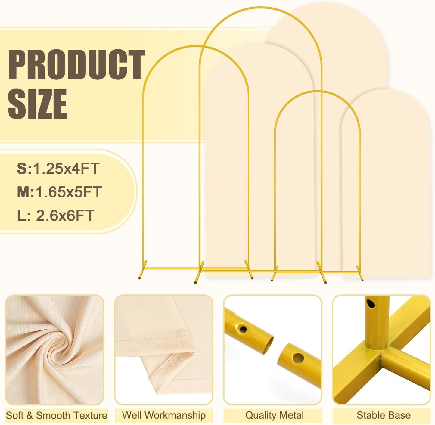 MODFUNS Metal Arch Backdrop Stand and Cover Set 4&5&6ft Beige Wedding Arch Covers Gold Arched Cover Set of 3 Chiara Arches Backdrop Cover for Wedding Ceremony Party Banquet Decoration