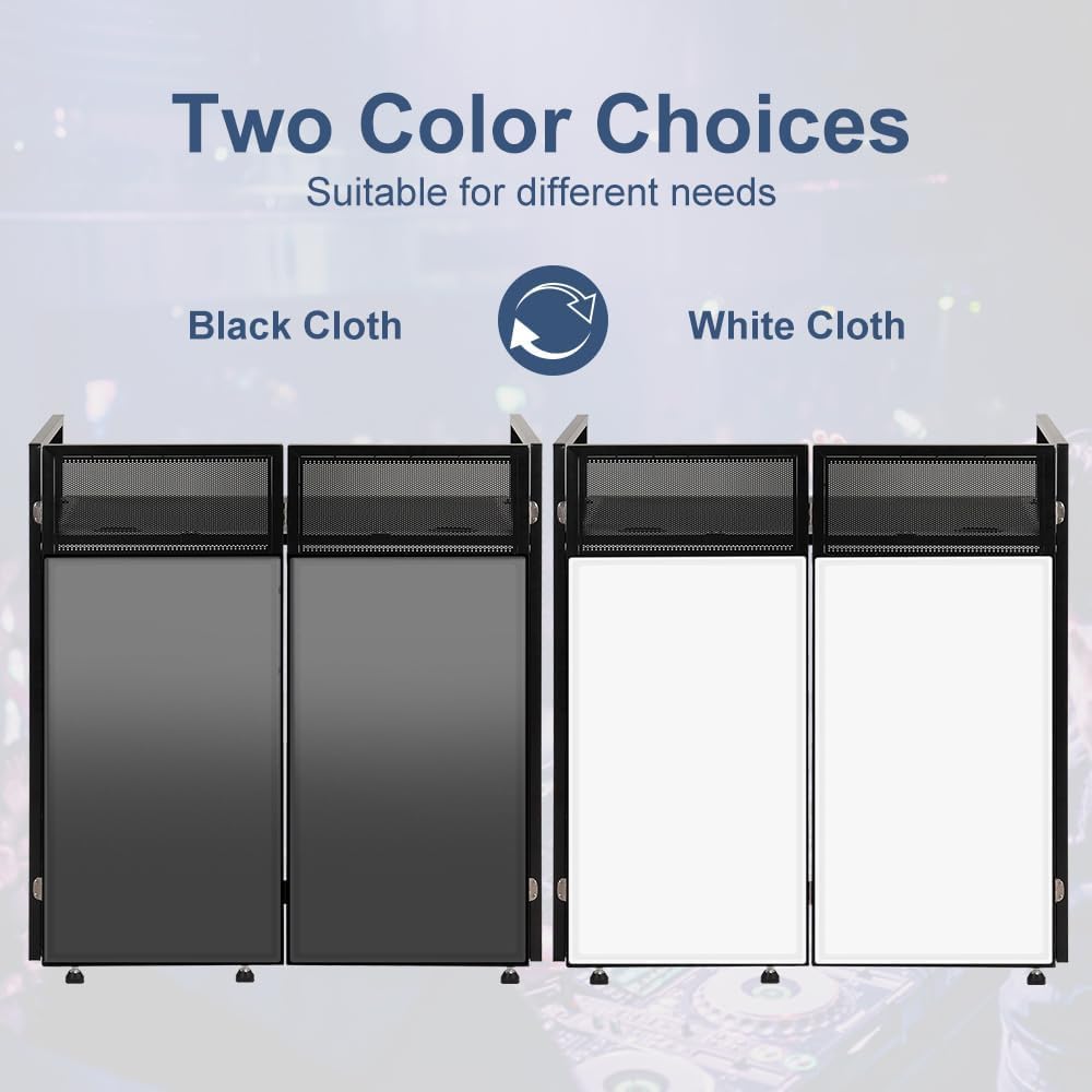 LUCKUP Portable DJ Booth 41"L x 20"W DJ Facade with White & Black Scrim, Foldable DJ Table Station with Adjustable Feet for Party, Black Metal Frame