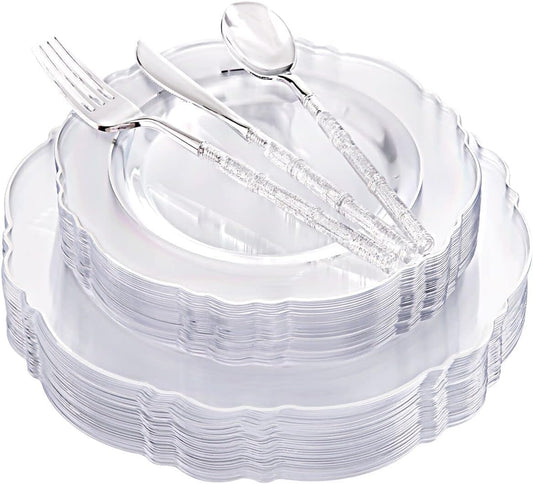 Liacere 150PCS Clear Silver Plastic Plates & Disposable Silver Plastic Silverware with Glitter Bamboo Handle Cutlery-Baroque Clear Disposable Plates for Wedding & Easter day & Mother's Day