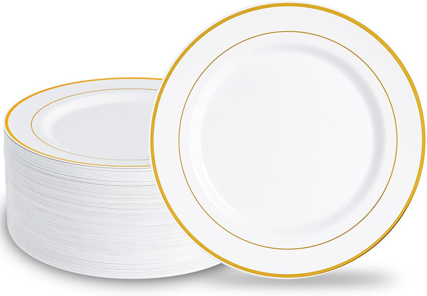 N9R 100PCS Gold Plastic Plates, 10.25 inch White Disposable Dinner Plate with Gold Rim, Heavy Duty Plates for Party Wedding and Birthday