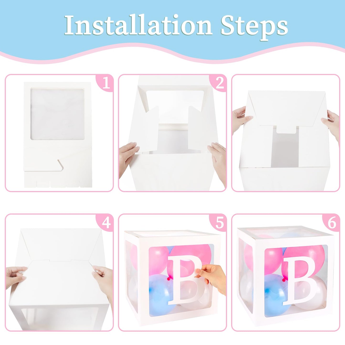 RUBFAC Baby Boxes with Letters and 36 Balloons, 4pcs Clear Balloon Boxes for Gender Reveal Baby