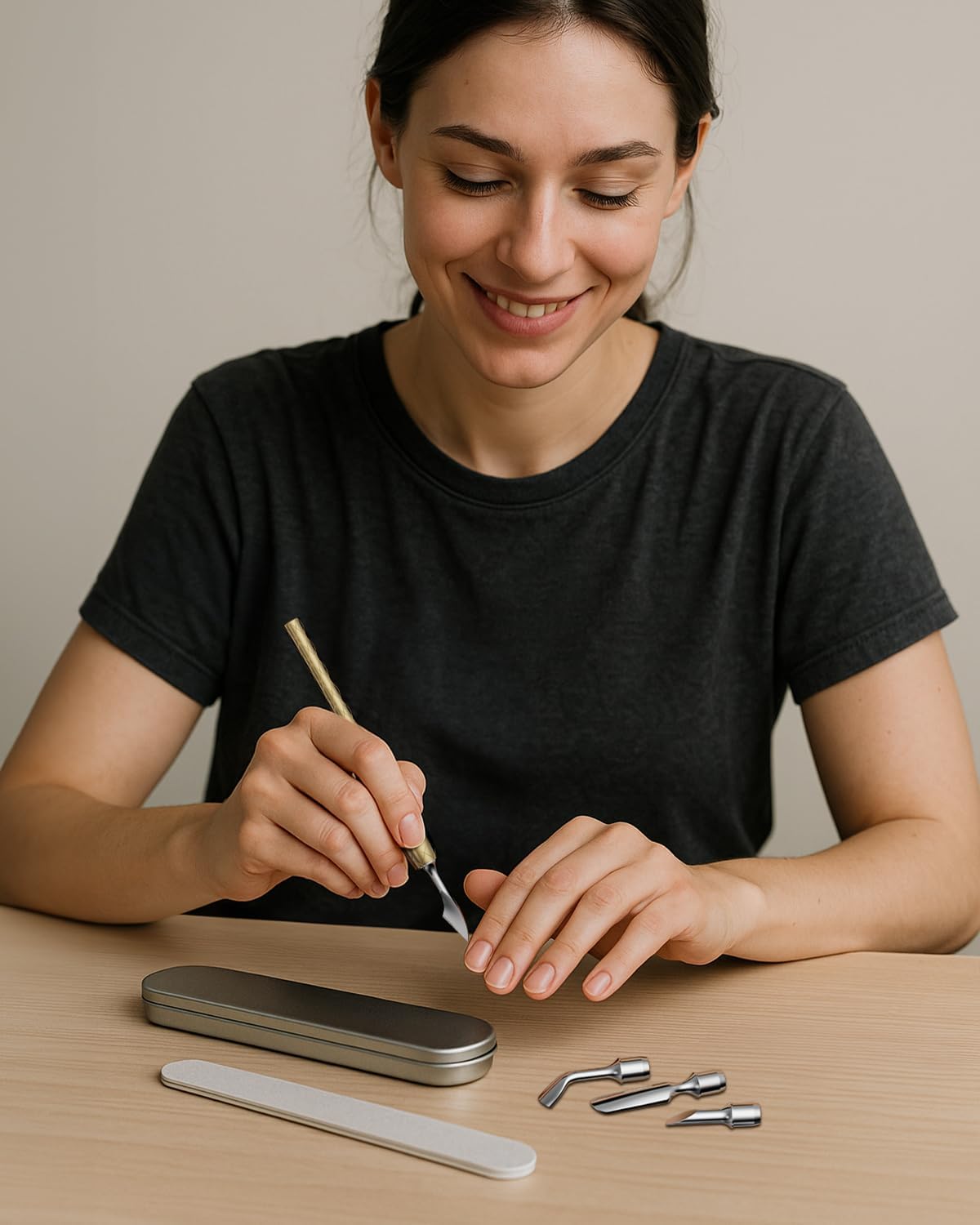 FERYES 4-in-1 Cuticle Pusher Tool-Curved/Smooth/Chisel/Horseshoe Heads + Thread-Lock Handle for Secure Salon Manicures