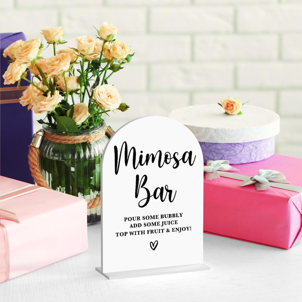 Acrylic Wedding Signs, Bridal Shower Decorations, Mimosa Bar Signs for Reception, Modern Calligraphy Arch Acrylic Table Top Sign for Wedding Reception and Engagement Parties (White)