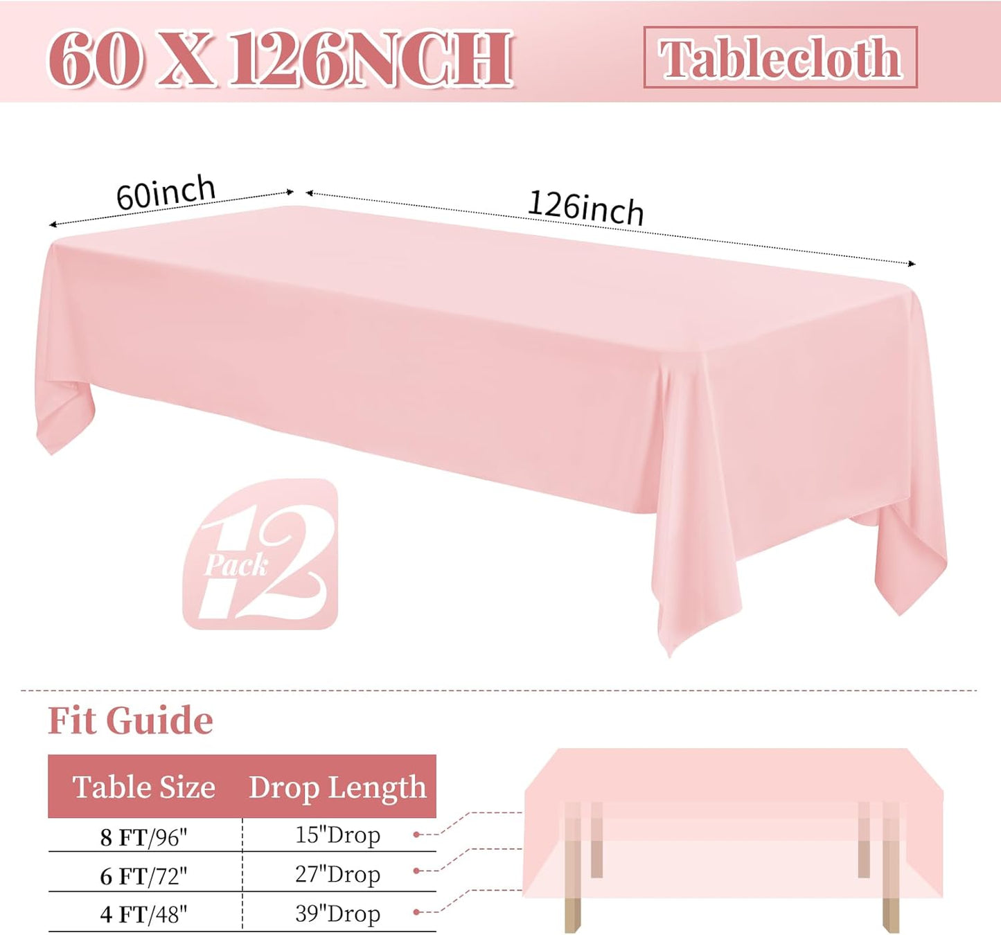 12 Pack Polyester Tablecloth 60 x 126 Inch Pink Tablecloth for 8 Ft Rectangle Tables,Stain and Wrinkle Resistant Washable Fabric Table Covers Polyester Table Clothes for Wedding Parties Banque