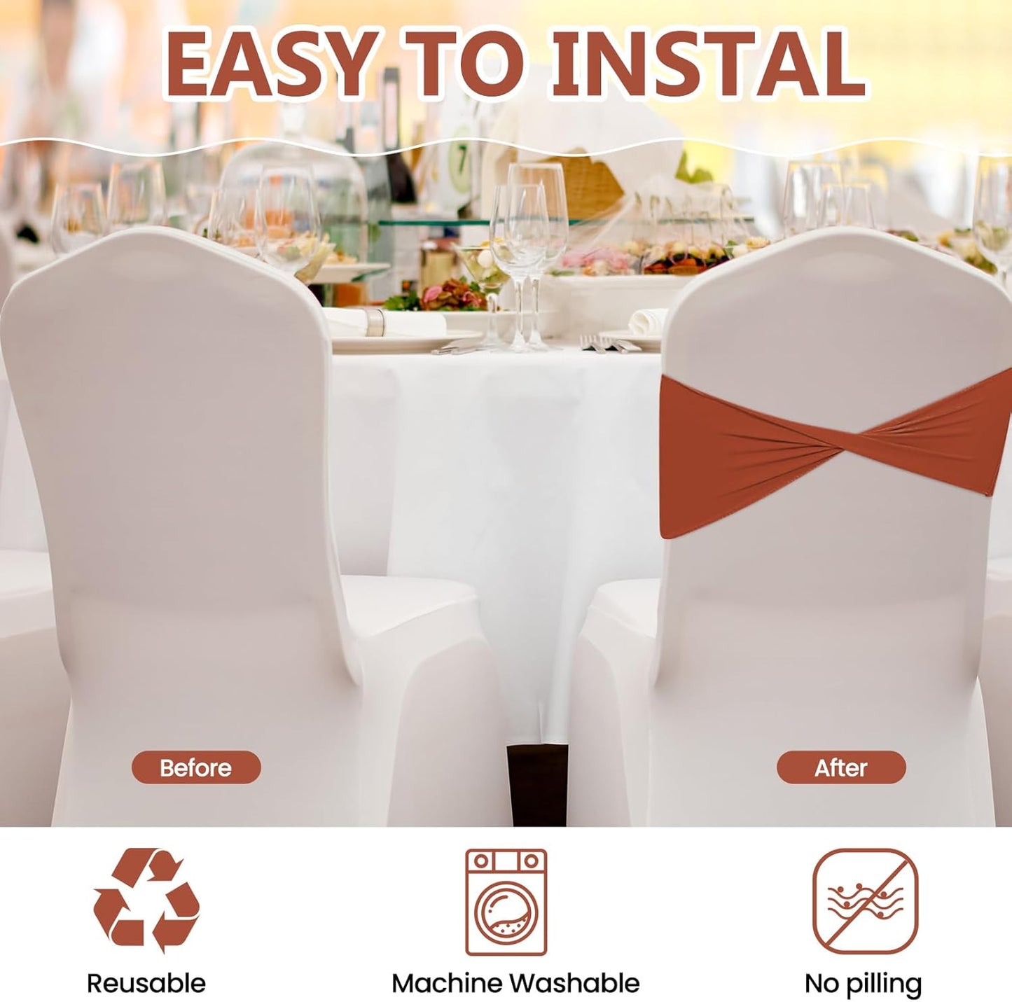 Kinlop 50 Pcs Spandex Chair Sashes Bows Chair Bands Slider Sashes for Covers Elastic Bands Ties Without Buckle Decorations for Wedding Party Events Ceremony Birthday(Terracotta)