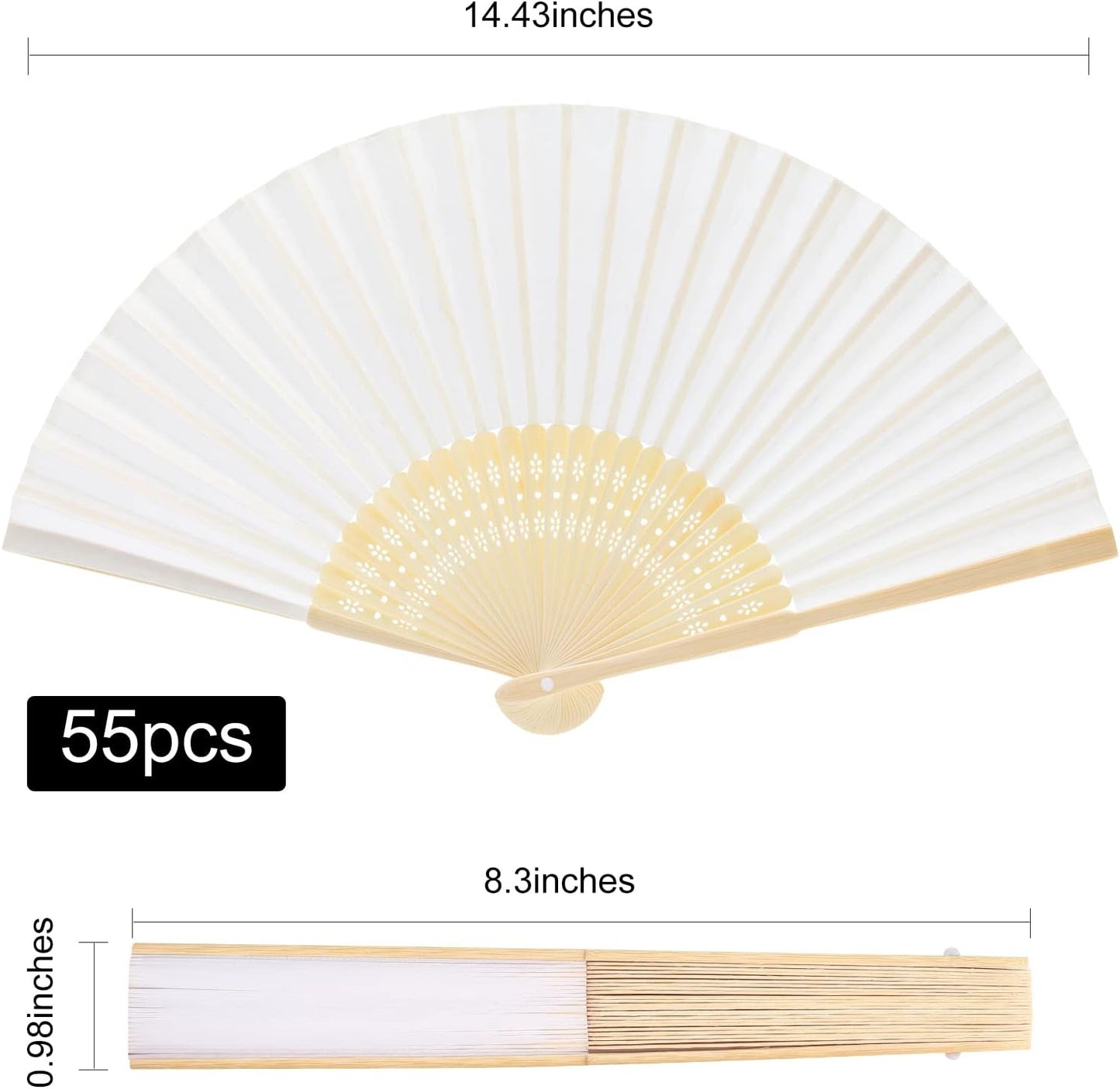 FEPITO 55 Pieces White Handheld Paper Fan Paper Folding Fans with Bamboos for Wedding Gift, Party, Home