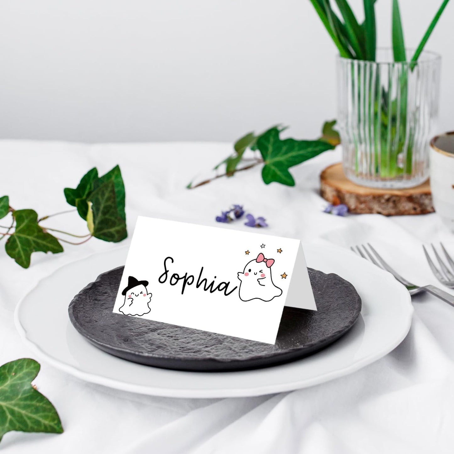 25 Pack Halloween Place Cards, Editable Name Cards for Table Setting, Cute Ghost Tent Cards Food Label for Dinner Party, Bridal Shower, Wedding, Baby Shower and Events -T37