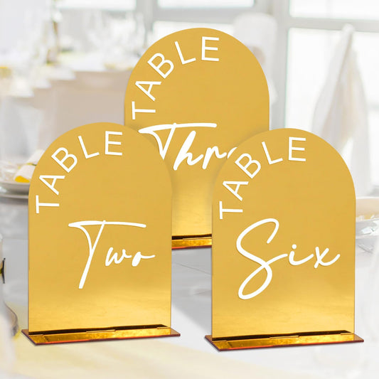 Gold Mirror Arch Wedding Table Numbers 1-25 with Stands, 5x7 Inch Acrylic Arch Sign with Holder for Wedding Reception Table Centerpiece Decoration(Gold Mirror)