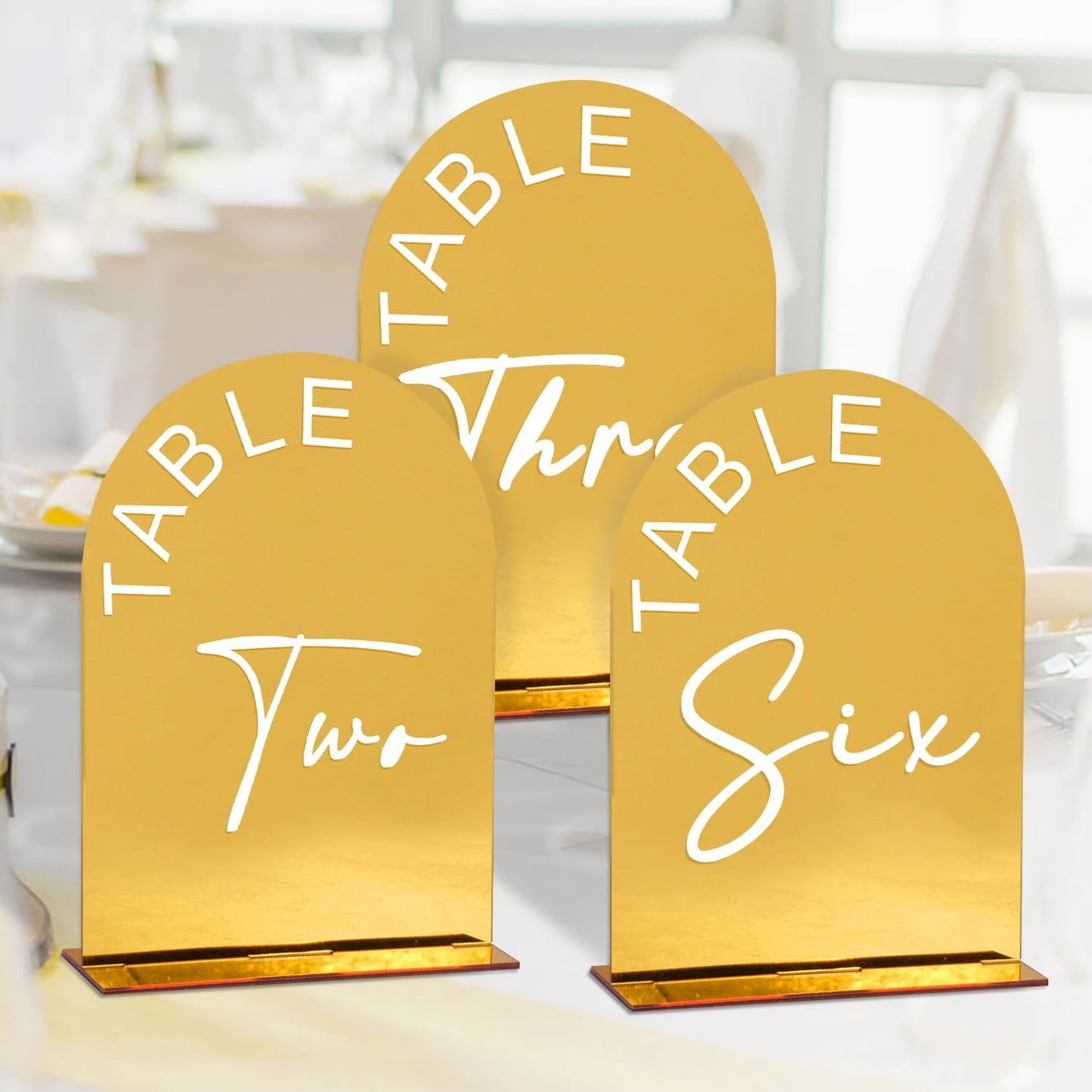 Gold Mirror Arch Wedding Table Numbers 1-10 with Stands, 5x7 Inch Acrylic Arch Sign with Holder for Wedding Reception Table Centerpiece Decoration(Gold Mirror)