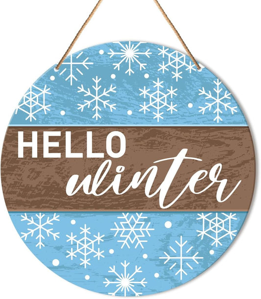 Muktoujaumai Hello Winter Sign Front Door Decor, Christmas Round Hanging Sign Decor Farmhouse Snowflake Xmas Holiday Wall Decorations Winter Wood Sign for Door, Porch, Home