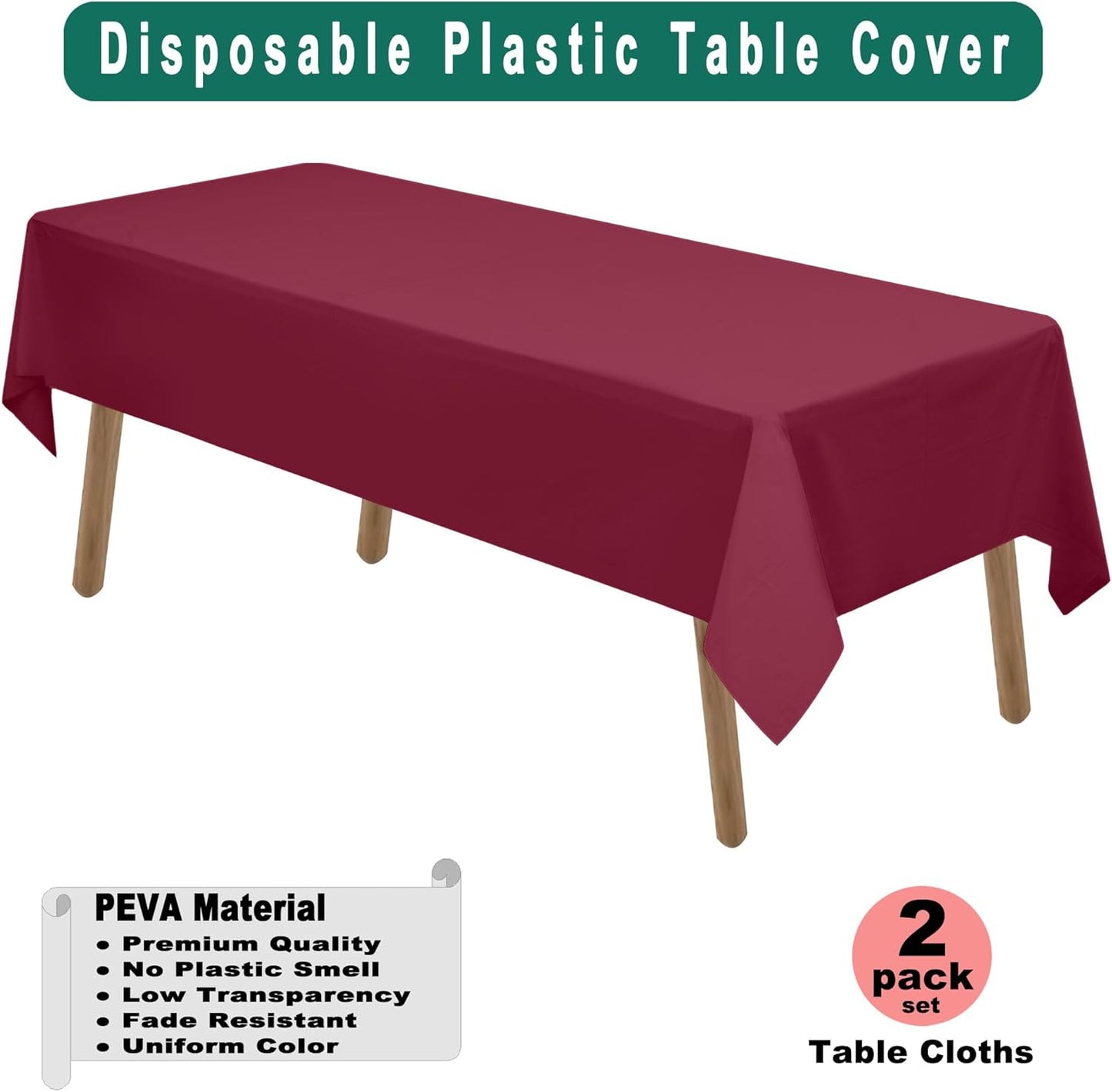 PEVA Burgundy Plastic 2 Pack Tablecloths - 54 x 108 inch Maroon Disposable Table Covers for BBQ, Birthday, Wedding Parties - Fits 8 ft Rectangle Table