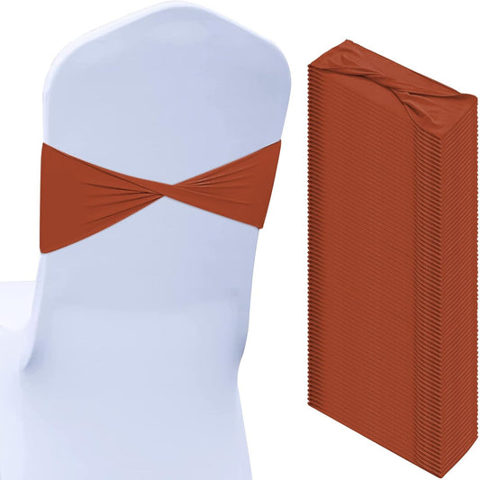 Kinlop 50 Pcs Spandex Chair Sashes Bows Chair Bands Slider Sashes for Covers Elastic Bands Ties Without Buckle Decorations for Wedding Party Events Ceremony Birthday(Terracotta)