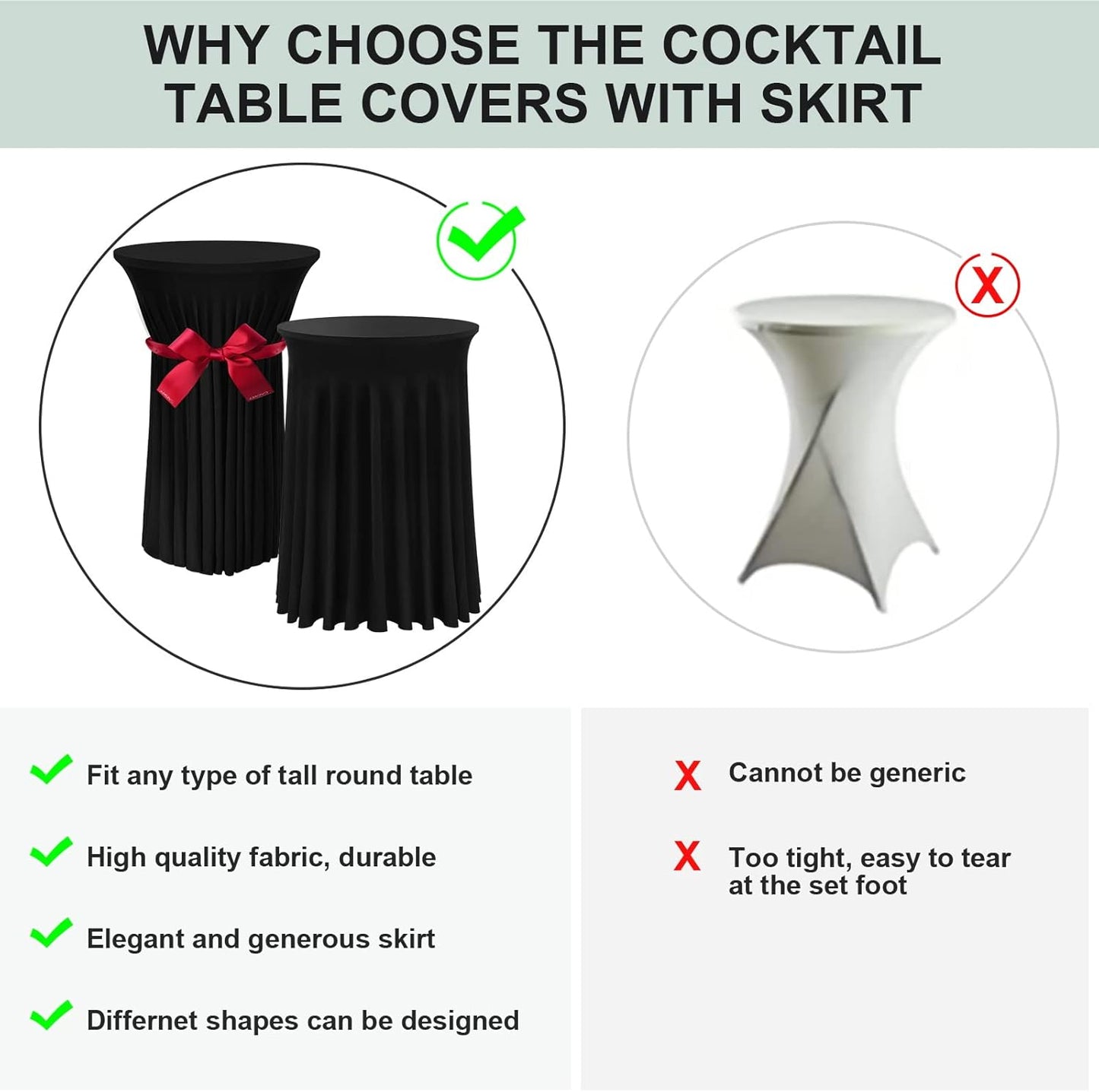 Cocktail Table Covers - 3 Pack 32"x 43" Black Cocktail Table Tablecloth with Natural Wavy Round Skirt for Bar Wedding Party Banquet