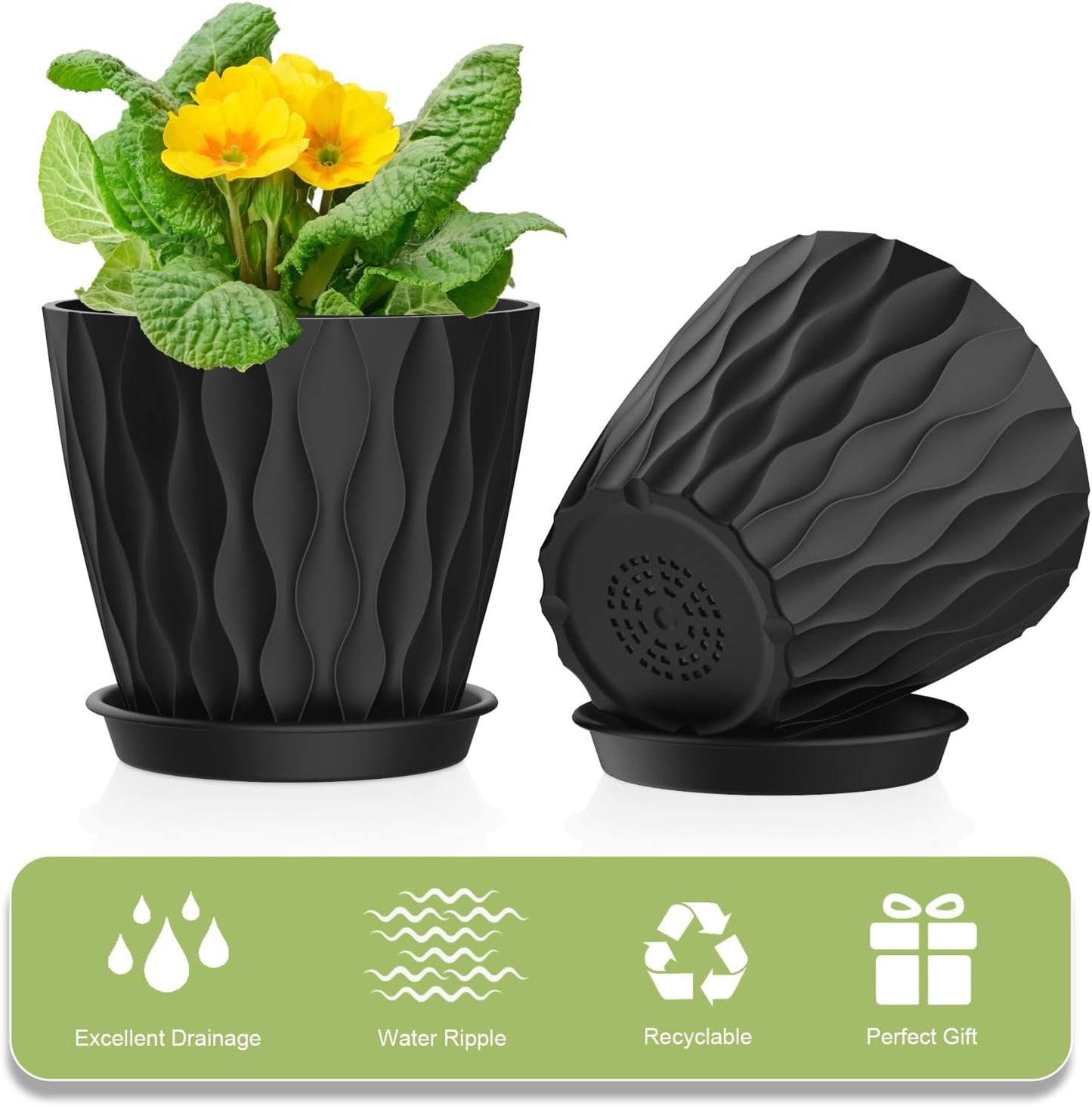 4 Inch Small Pots for Plants, 6 Pack Waffle Texture Small Plant Pots for Succulents, Plastic Planter with Drainage Holes and Saucers for Indoor Outdoor Plants, Flowers, Herbs, Seedlings,Black