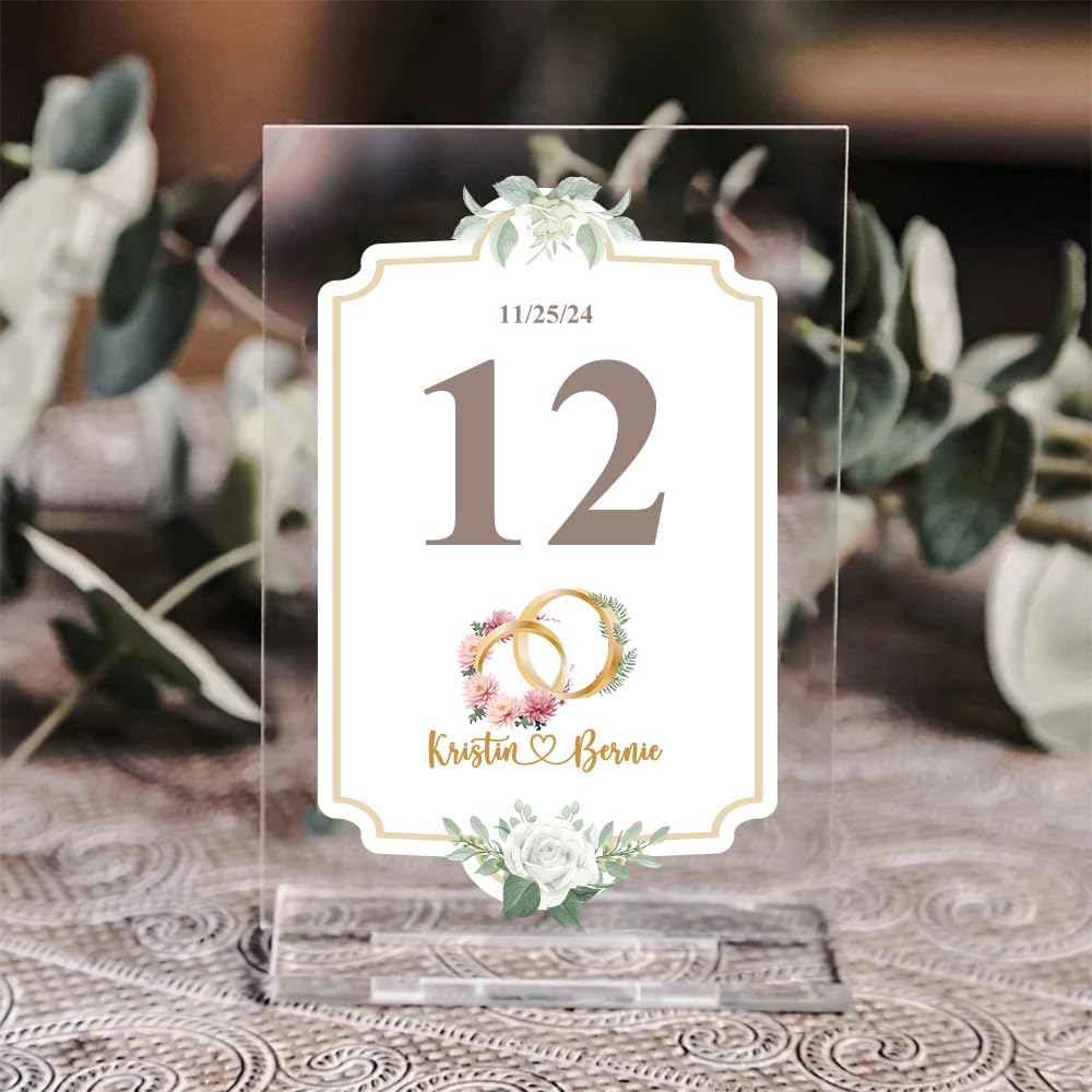callie Personalized Wedding Table Numbers with Couple’s Name & Date, Custom Acrylic Birth Flower Tree Table Signs Holders, Wedding Reception Party Gifts for Bride & Groom