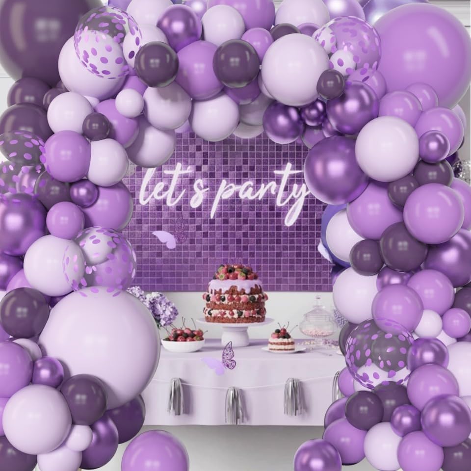 Amandir 153pcs Purple Balloon Garland Arch Kit, Different Sizes 18 12 10 5 inch Lavender Latex Metallic Confetti Purple Balloons for Halloween Wedding Birthday Baby Shower Party Decorations Supplies