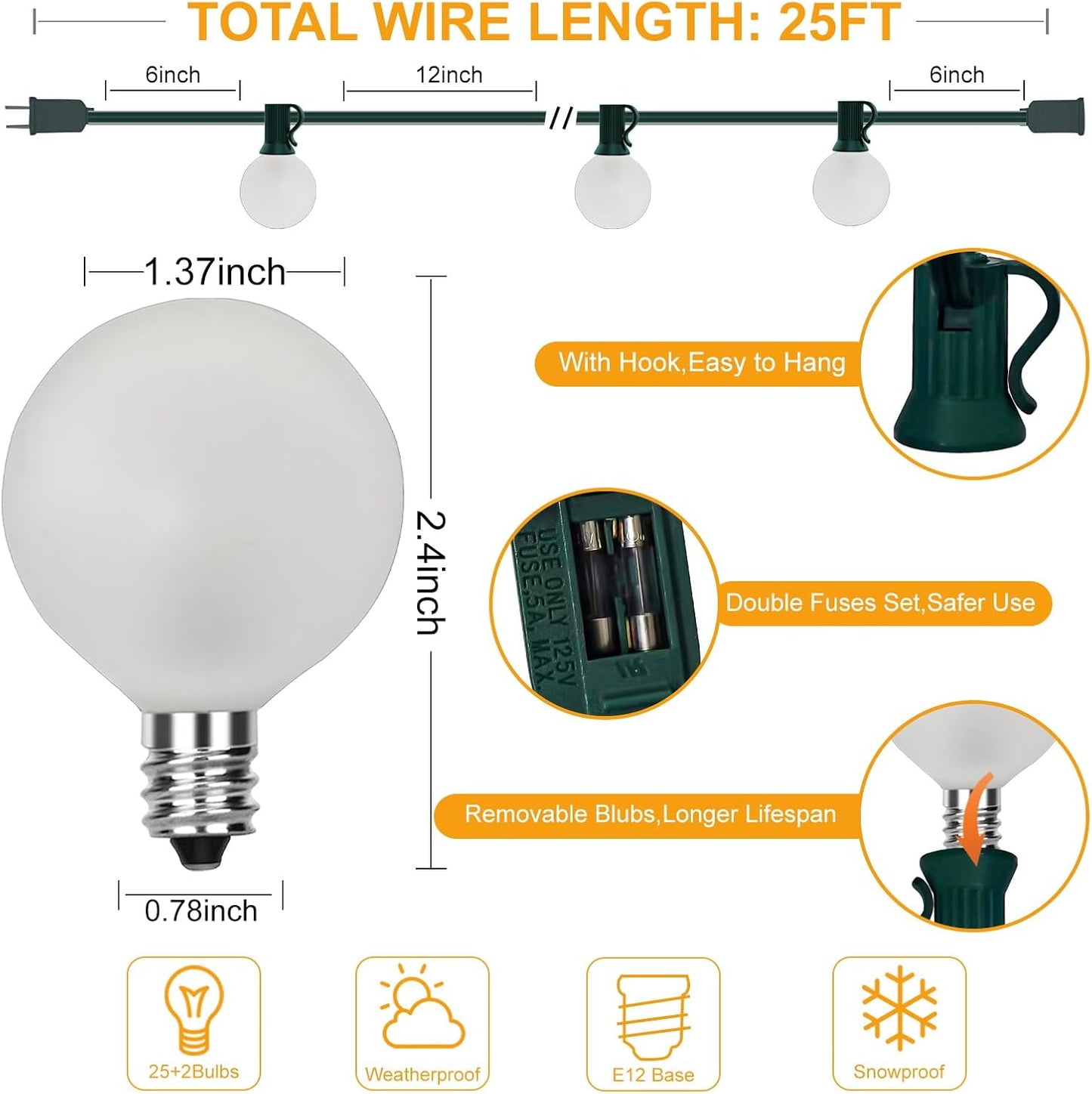 SUNSGNE G40 Round Christmas Lights Outdoor, 25ft Vintage Christmas Globe Lights with 27 5W Frosted White Lights(2 Spare) for Outdoor Garden Party Wedding Backyard Patio Decor, Green Wire