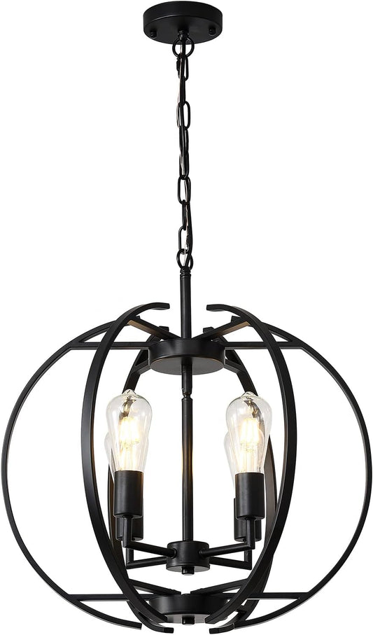 Large Lantern Globe Black Chandelier Lighting, Farmhouse Chandelier Adjustable Pendant Lighting Fixtures Hanging Ceiling 4 Light for Kitchen, Dining Room, Living Room, Hallway