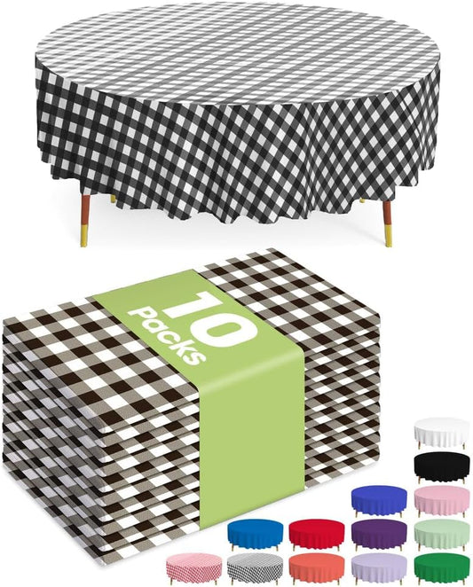 Pureegg Plastic Table Cloth Disposable 10 Pack, 84'' Round Table Cloths, Party, Picnic, Decorative Gingham Tablecloths, Round, Black and White Checkered Cover, Leakproof & Sturdy, Black Plaid