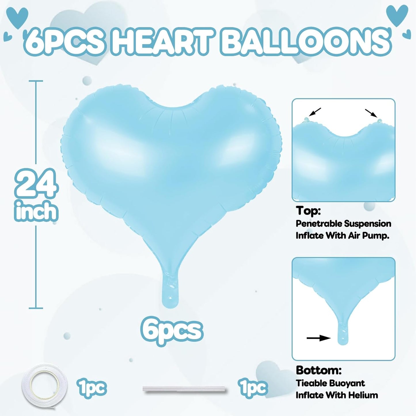 24 Inch Blue Heart Balloons, Heart Shaped Foil Balloons, Baby Blue Helium Balloon for Valentines Day Baby Bridal Shower Anniversary Wedding Gender Reveal Birthday Party Decorations
