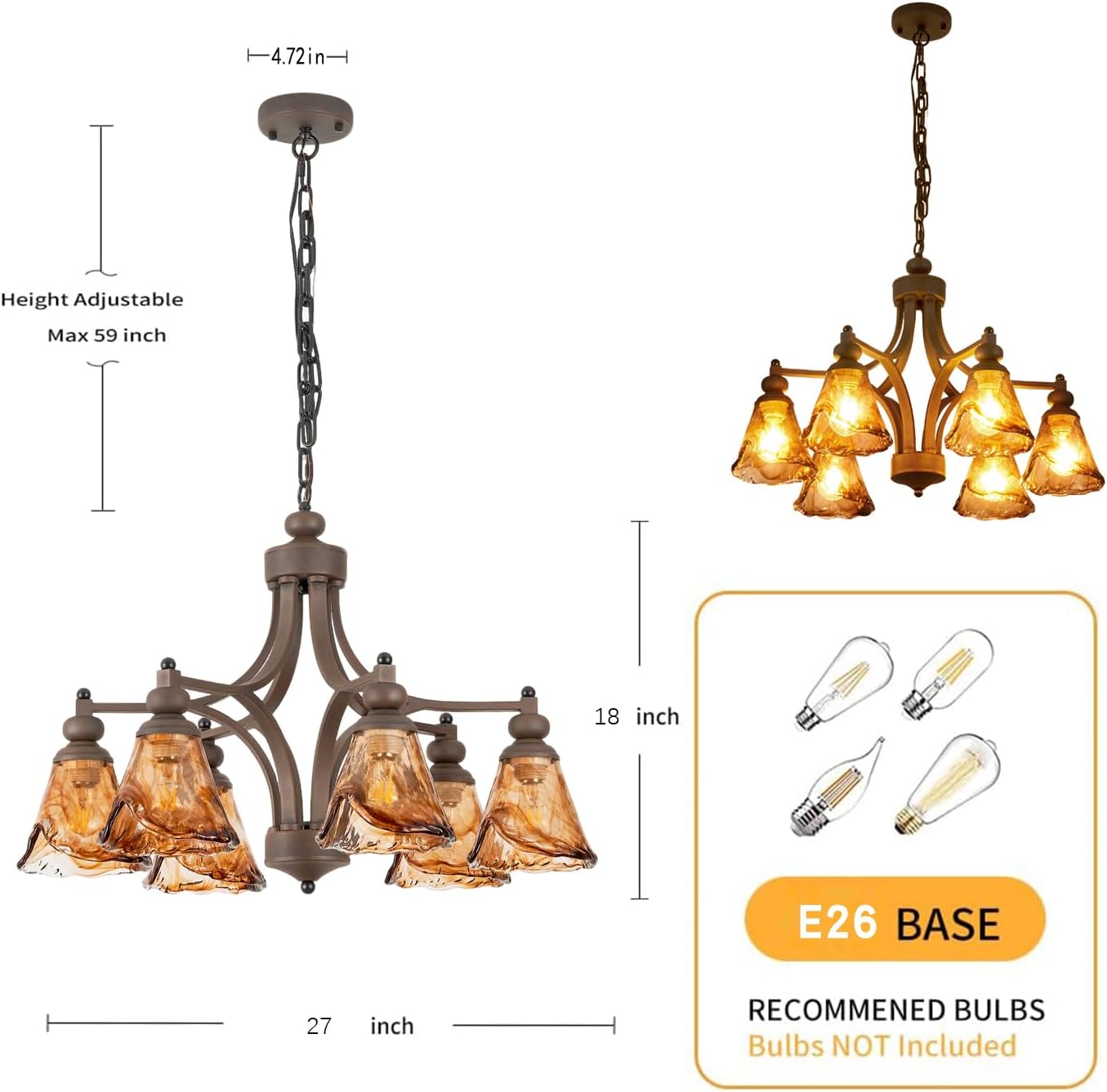 Vintage Farmhouse Chandelier, 27 Inch Adjustable Amber Glass Rust-Finish Metal Pendant Light Fixture for Living Room, Bedroom, Dining Room, Kitchen Lighting (6-Light)