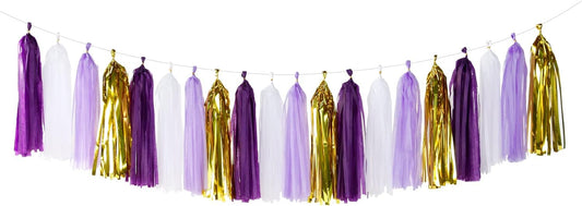 Purple-Gold Party Decoration Tassel Garland - 20pcs Lavender White Gold Birthday Party Supplies Tassels Banner Women Girls Wedding Engagement Bachelorette Graduation Decorations