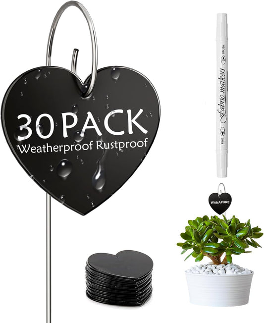 30-Pack Iron Metal Heart Shaped Garden Markers Weatherproof Metal Plant Labels Large Planting Seedling Stake Signs, for Seedlings Herbs Vegetable Greenhouse Gifts with White Marker Pen Labels