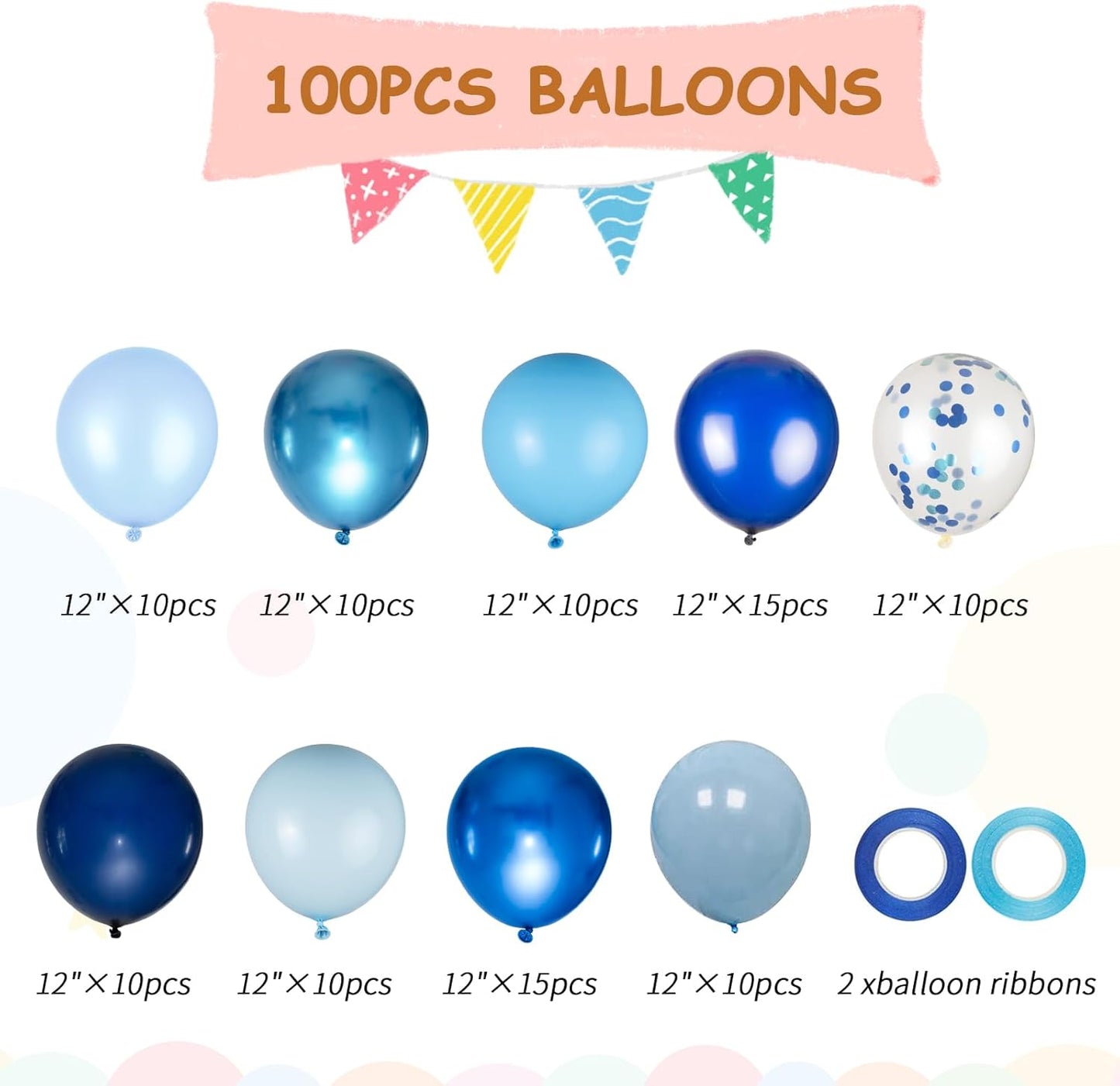 100pcs Blue Balloons - 12inch Metallic Royal Navy & Pearl Blue Balloons with Confetti for Birthday Baby Shower Graduation Party Decorations (with 66ft Ribbons)