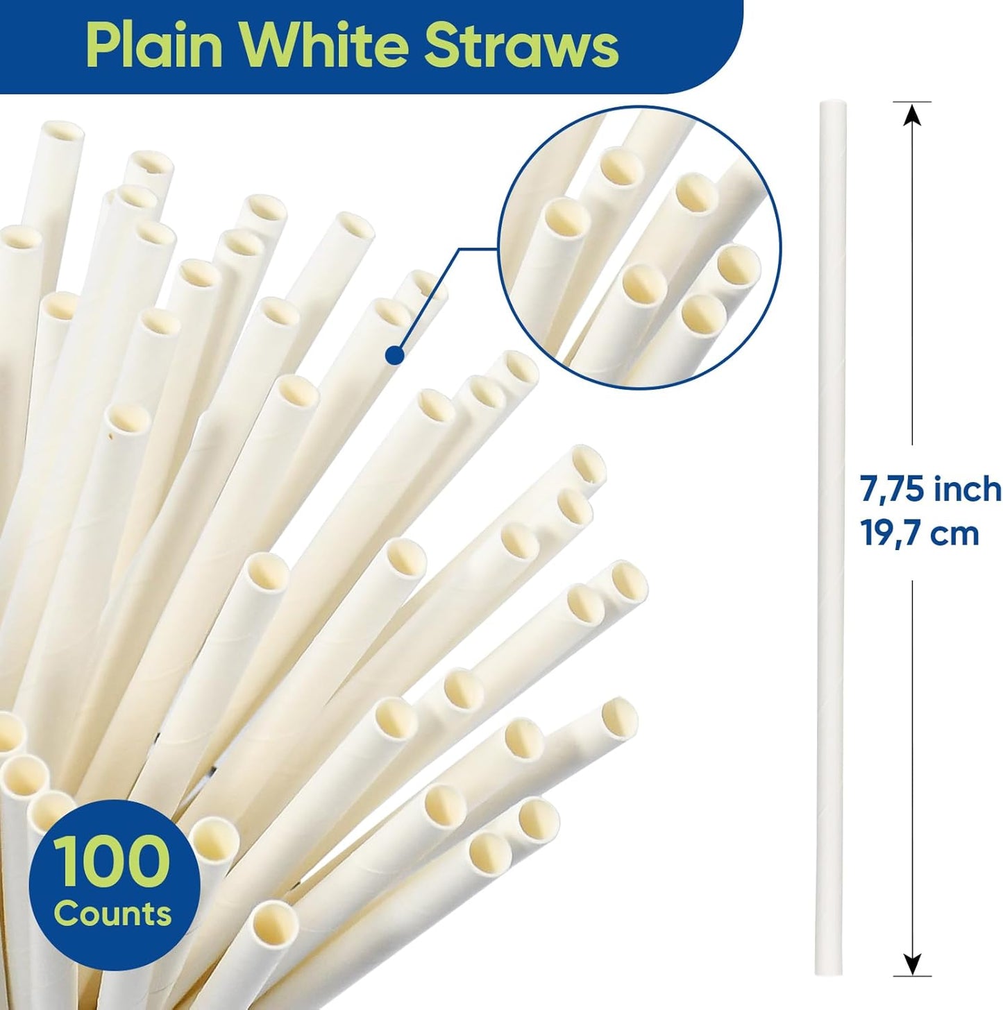 7.75 inch Disposable Paper Drinking Straws, Dye-free White, for Cocktails, Juice, Beverage, Coffee - 100 Counts