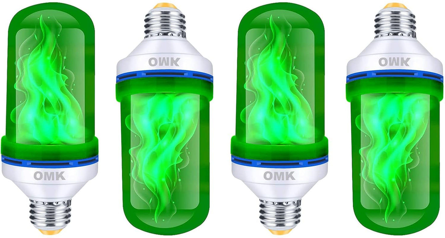 OMK 4 Pack Green Light Bulbs, Christmas Flame LED Light Bulbs Decorations Flickering/Breathing/Ligting/Gravity 4 Modes Flame Bulb for Bars Hotel Yard Porch Party Outdoor Decorative Holiday Gifts
