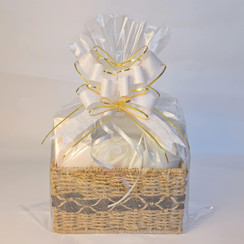 Pull Bows for Gift Wrapping, 15 PCS Large Gift Bow Bulk for Presents Package, Gift Baskets, Christmas, Wedding, and Party Decor (White with Tulle & Gold line, 6 inches)