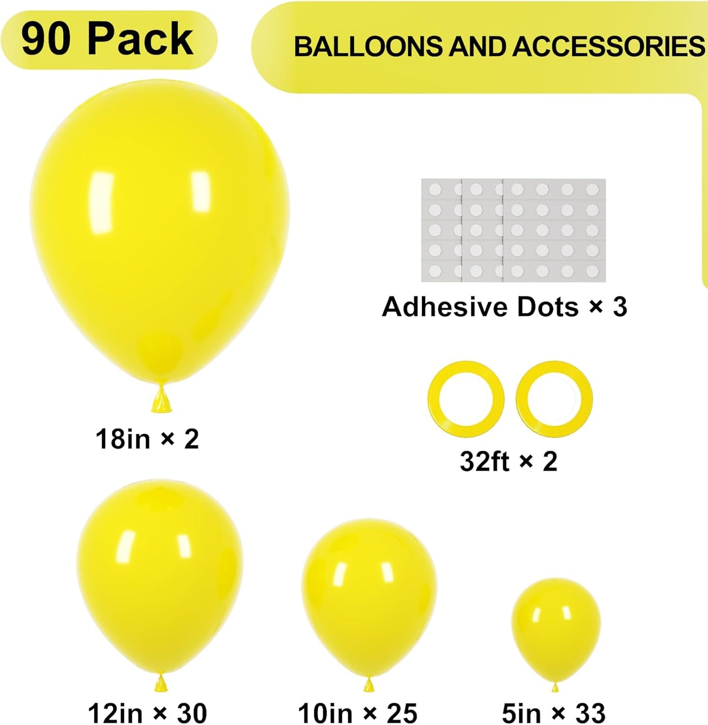 90pack Yellow Balloons Different Size 18/12/10/5 Inch Yellow Balloon Garland Arch Kit for Graduation, Wedding, Birthday, Baby Shower, Sunflower and Honeybee Theme Party Decorations