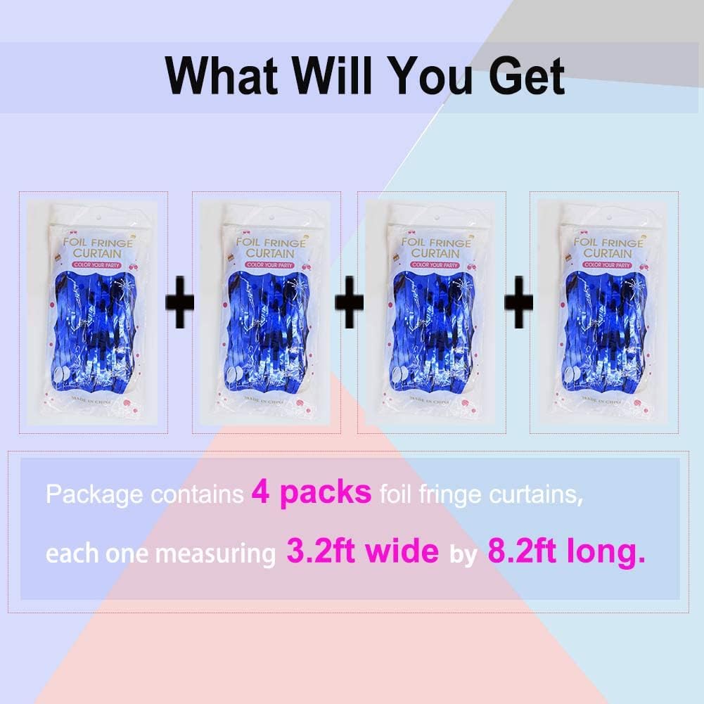 Blue Foil Fringe Curtain- 4 Pack of 3.2x8.2ft Blue Streamers Backdrop Curtains for Party Decorations