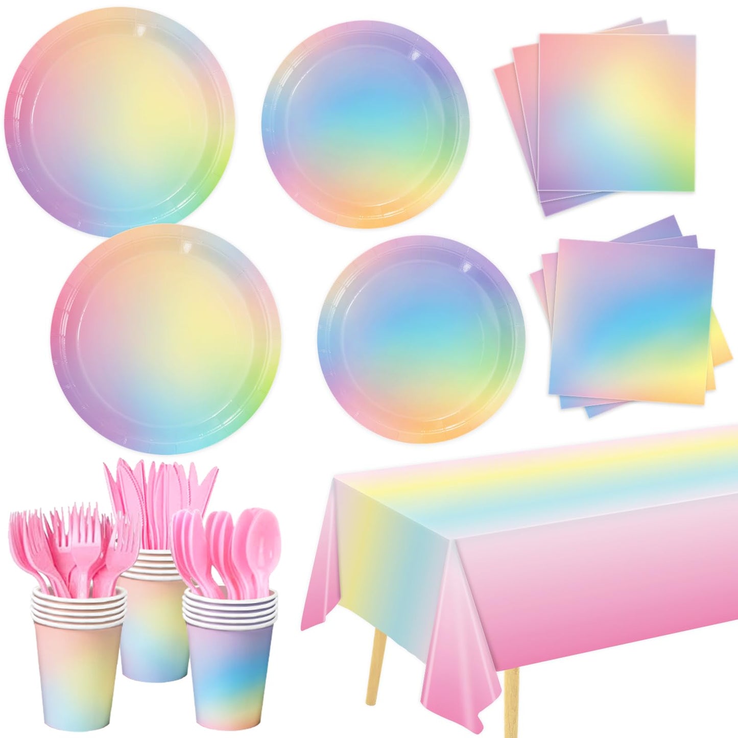 169 PCS Rainbow Party Decorations Disposable Paper Plates, Napkins, Cups, Cutlery, Tablecloth