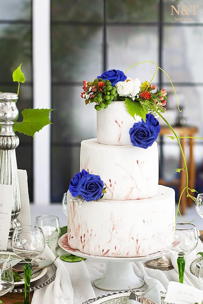 N&T NIETING Artificial Flowers Glowing Navy Blue Flowers Foam 25pcs Glitter Roses Real Looking Fake Roses with Stem for DIY Wedding Bouquets Centerpieces Bridal Shower Party Home Decorations