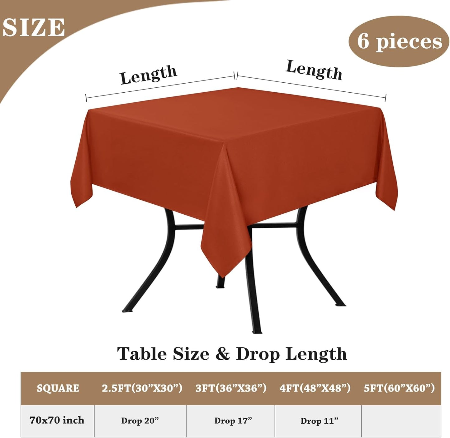 Fitable 6 Pack Square Fall Tablecloths - 70 x 70 Inches, Rust - Stain Resistant and Reusable Table Clothes, Polyester Fabric Table Covers for Dining, Card Tables, Coffee Tables