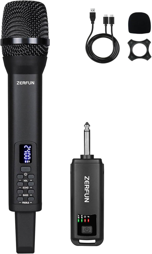 Rechargeable Wireless Microphone, Pro Handheld Cordless Mic System with Echo Treble BASS VOL Control for Karaoke Singing Church Party, 1/4'' Output, Black