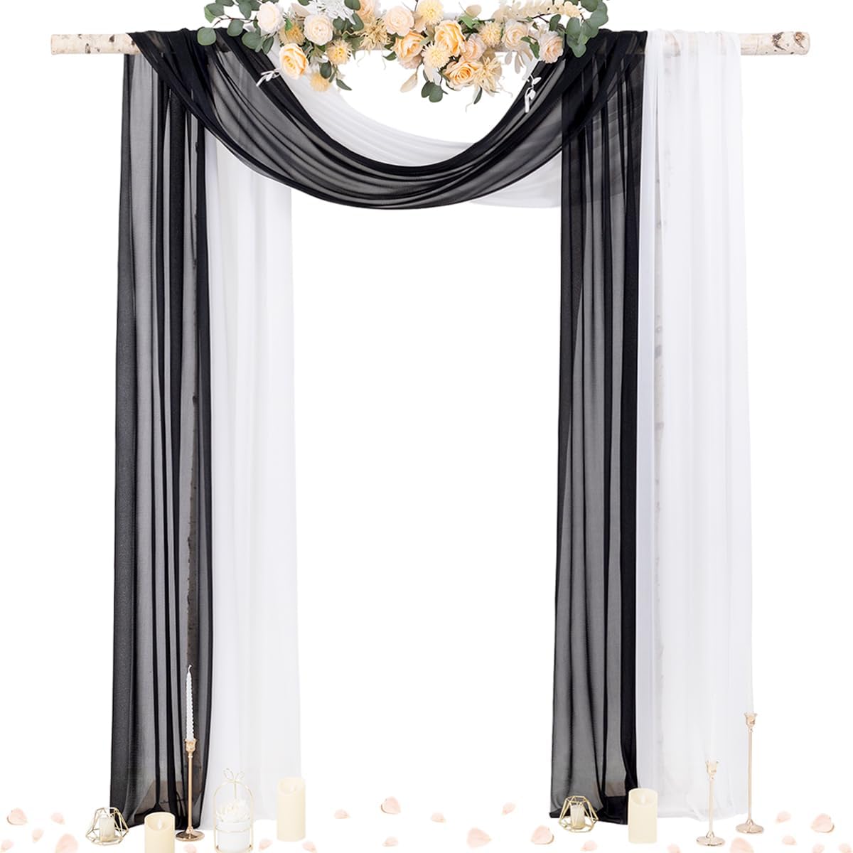 Socomi Wedding Arch Draping Fabric 29" x 20Ft 2 Panels Black and White Sheer Outdoor Curtain Drapes Extra Long for Bridal Baby Shower Birthday Party Decor