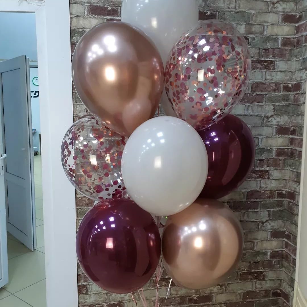 Burgundy Red Balloons, 35PCS Maroon and White Latex Balloons, Wine Red and Rose Gold Confetti Balloon for Birthday Wedding Anniversary Engagements New Year Valentines Day Party Decorations Supplies