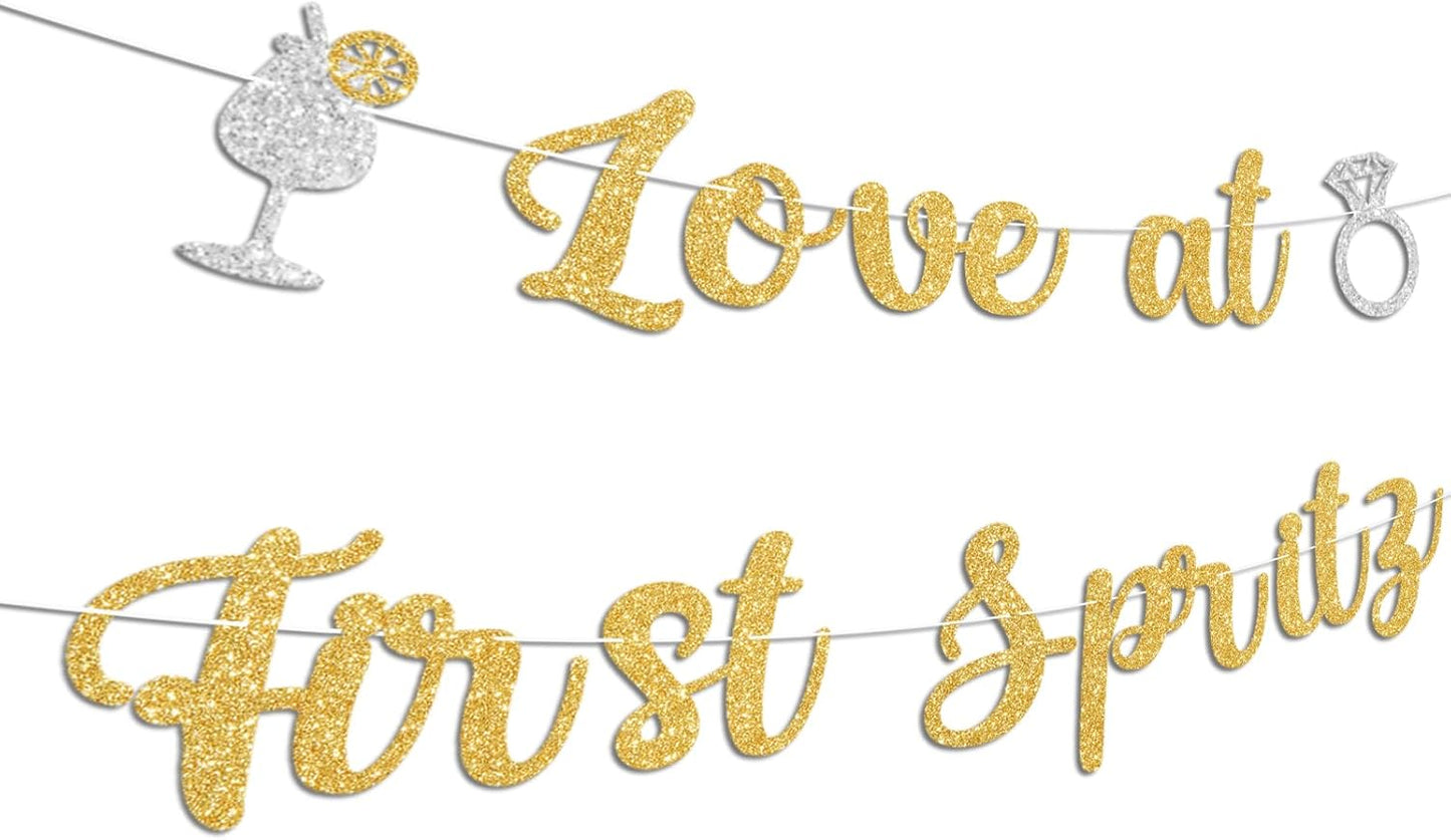 Love At First Spritz Wedding Banner - Bridal Shower Decorations, No Diy, Glitter Just Engaged Spritz Party Banners for Wedding/Engagement/Bachelorette Party Decorations Supplies, Gold.