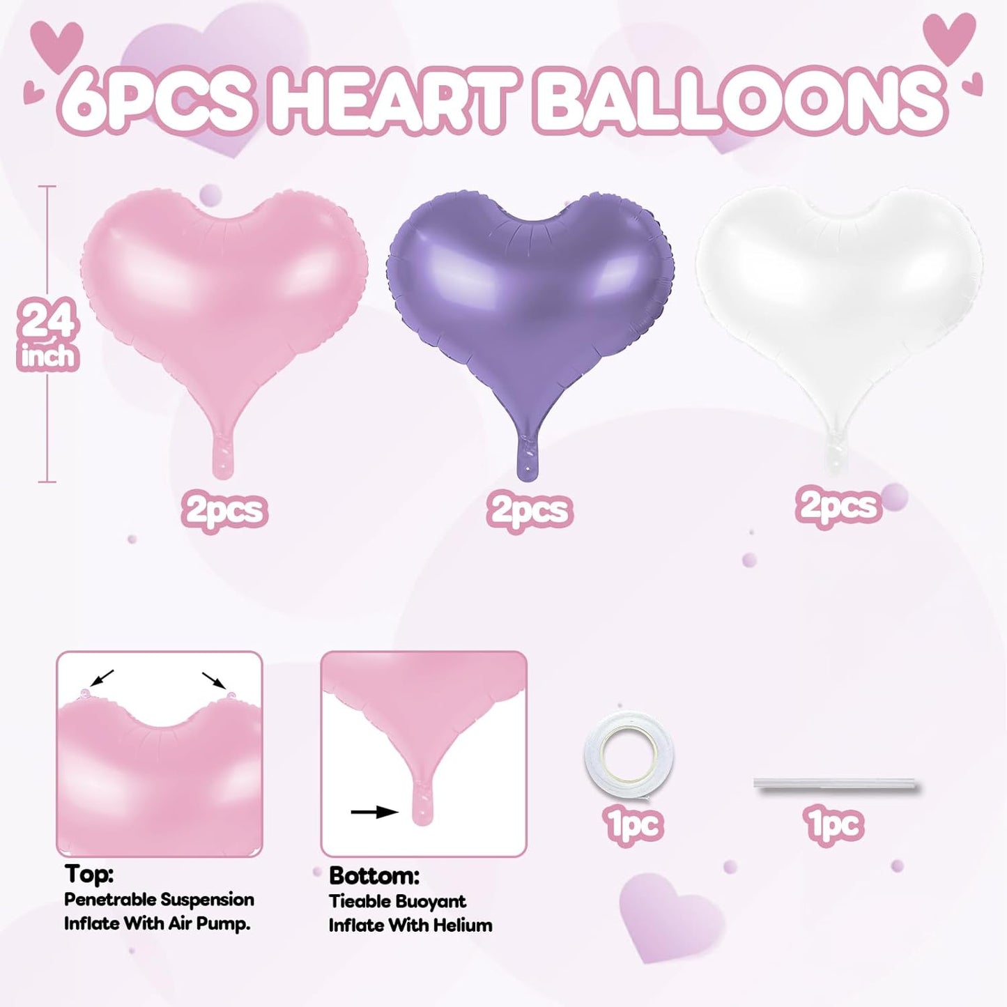 24 Inch Pink Purple White Heart Balloons, Pink Purple Heart Shaped Foil Balloons, Heart Balloon for Girls Women Valentines Day Bridal Shower Wedding Birthday Party Supplies