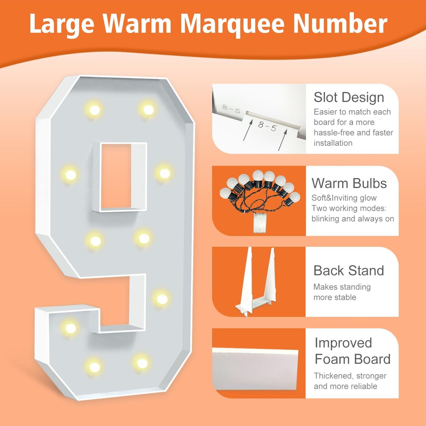 4ft Light Up Numbers, White Marquee Numbers Frame for 9th 19th 29th Boys Girls Birthday Party, Large Number for Decorations Anniversary Decor, DIY Pre-Cut Thick Foam Board Number 9