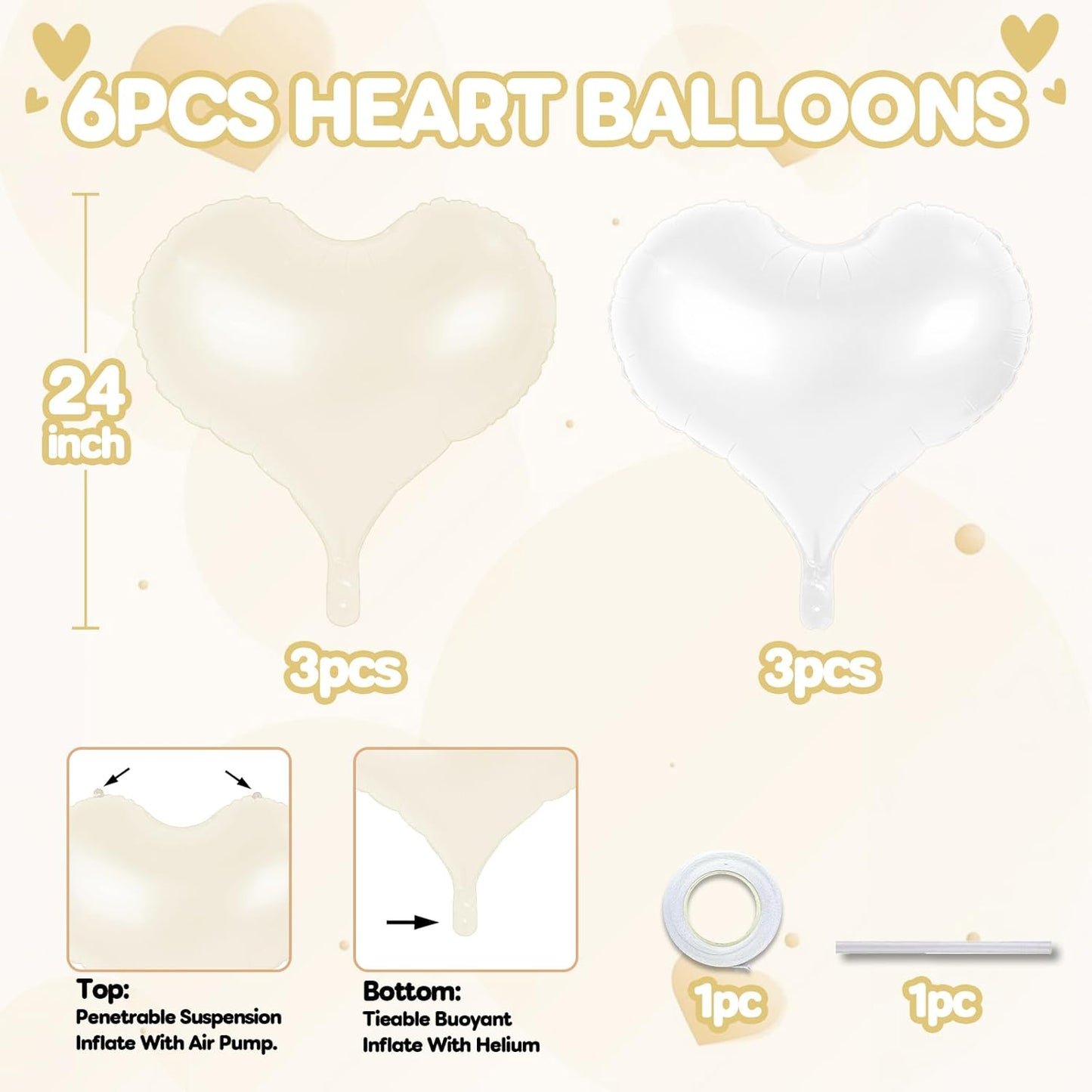 24 Inch Cream and White Heart Balloons, Cream Heart Shaped Foil Balloons, White Helium Balloon for Boho Neutral Valentines Day Bridal Shower Anniversary Wedding Birthday Party Decorations