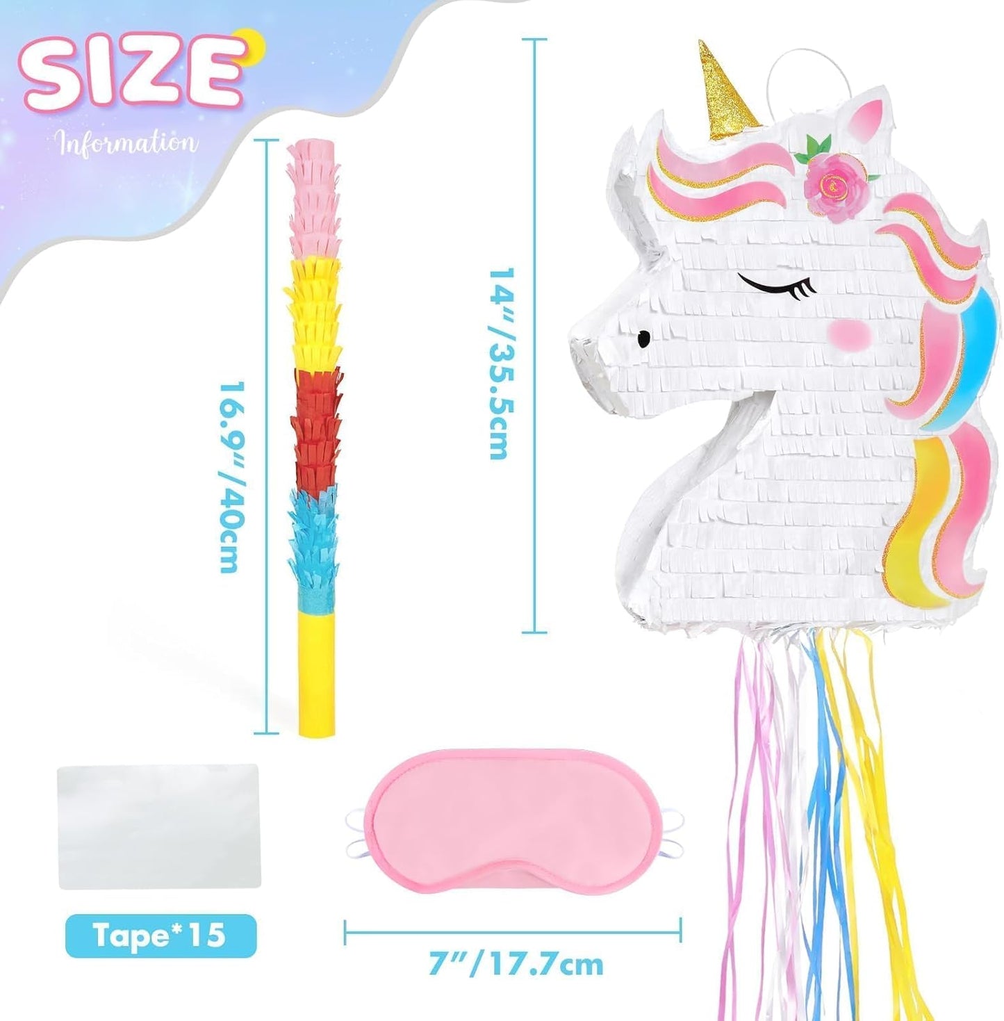 WERNNSAI Foldable Unicorn Piñata - Pull String Unicorn Birthday Party Supplies Extendable Unicorn with Blindfold Bat and Tassels Unicorn Birthday Party Decoration Games Folding Piñatas for Kids
